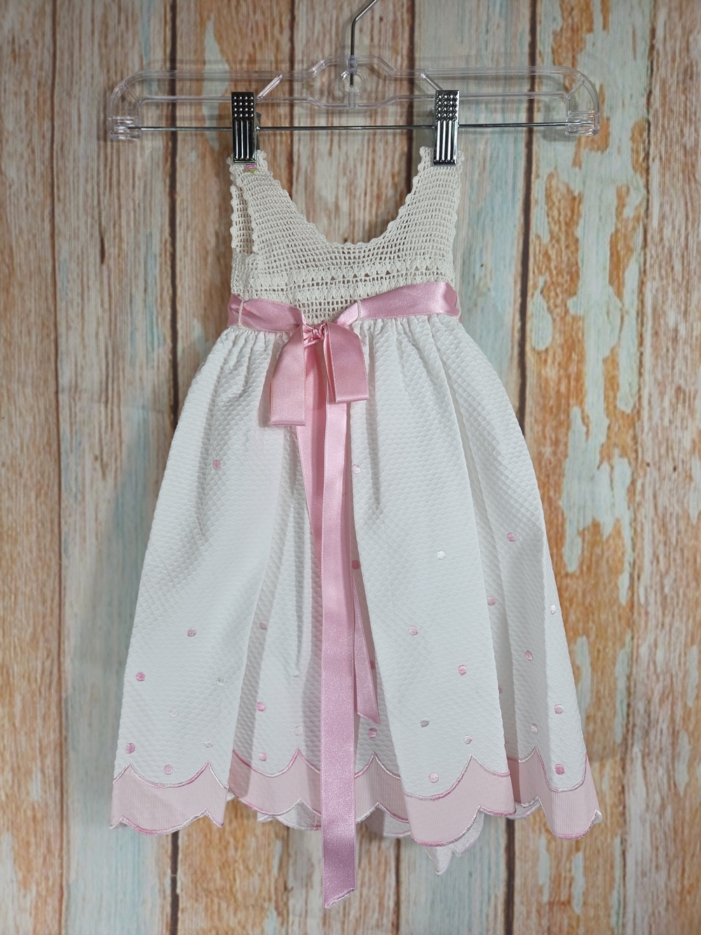 Stunning Handmade White & Pink Baby Girl Dress w/Crochet Top & Polka Dot Scallop